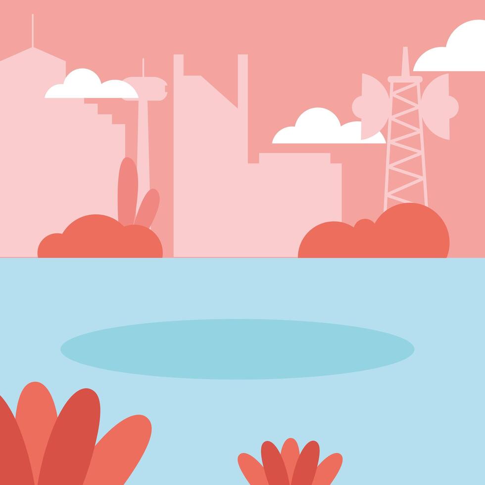 City buildings and antenna silhouette with shrubs design vector