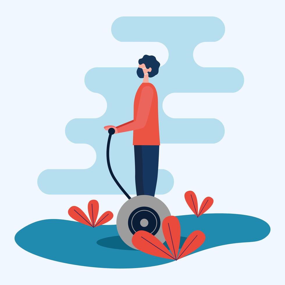 Man with medical mask on hoverboard design vector