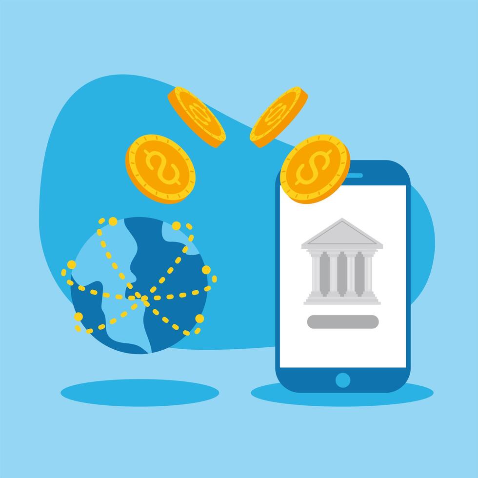 smartphone con monedas bancarias y diseño vectorial mundial vector