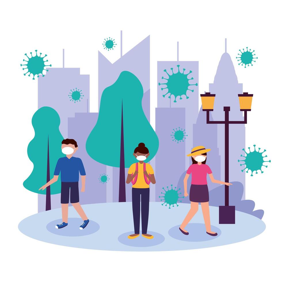 Women and man with masks at park design vector