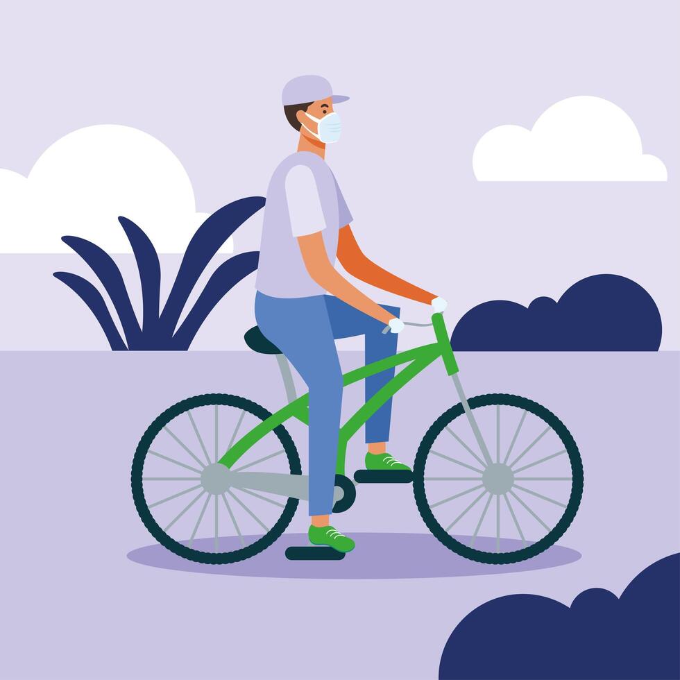 Hombre con máscara médica en diseño vectorial de bicicleta vector