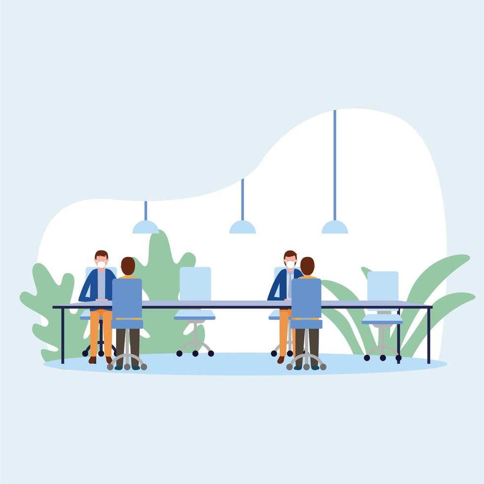 Office distancing between men with masks on table design vector