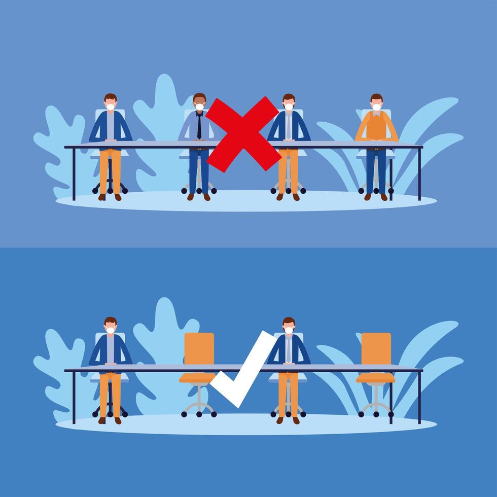 Office distancing between men with masks on table design vector