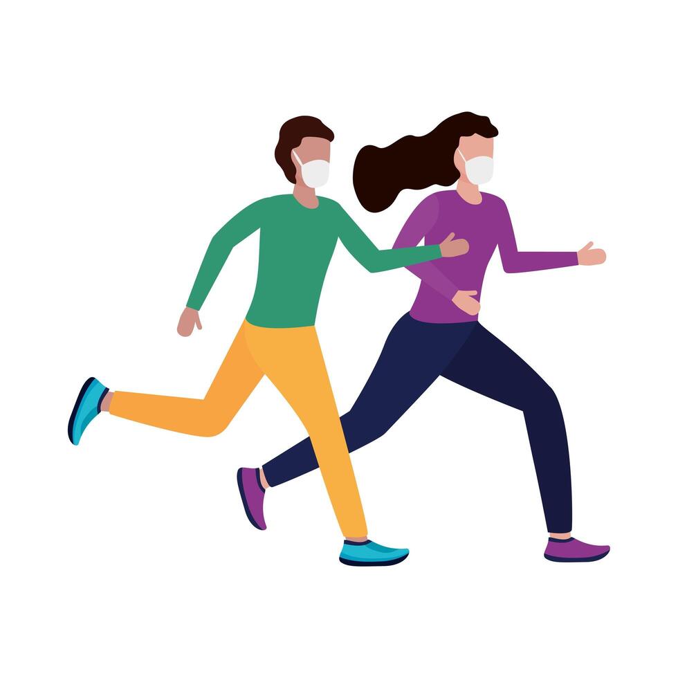 Woman and man with medical masks running vector design