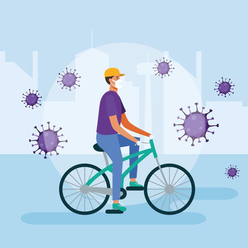 Man with medical mask on bike design vector