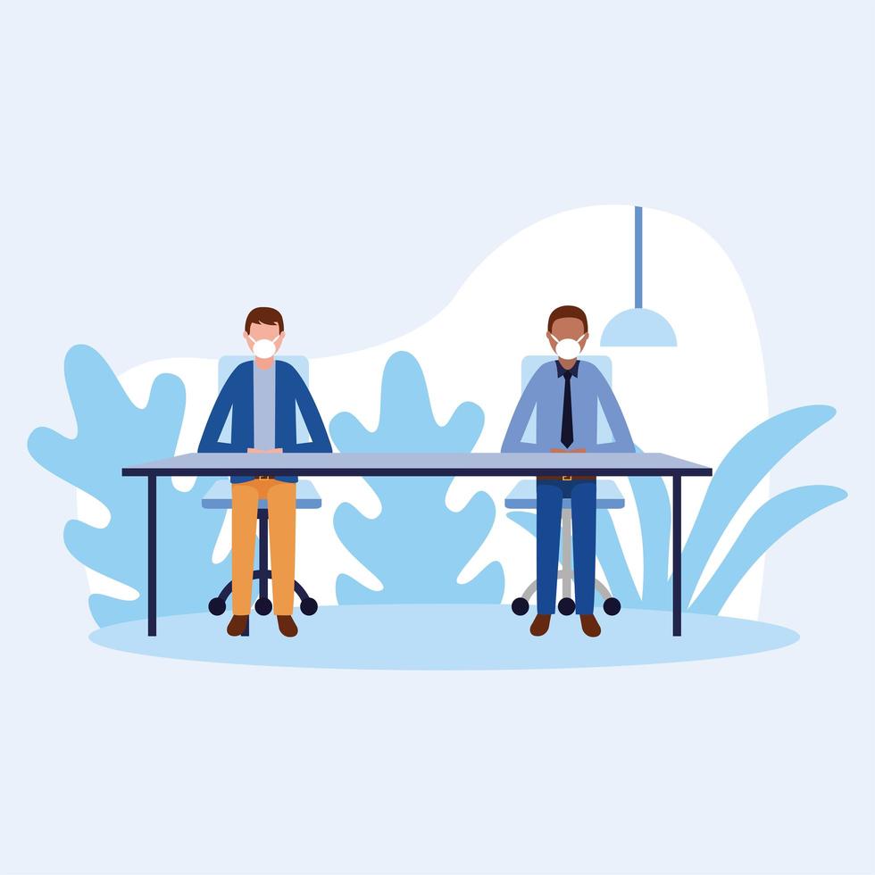 Office distancing between men with masks on table vector design