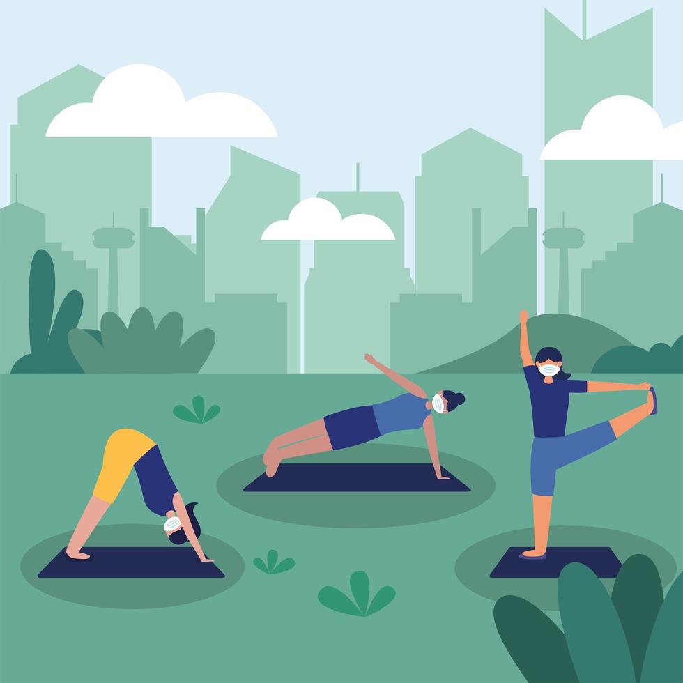 women with masks doing yoga at park vector design