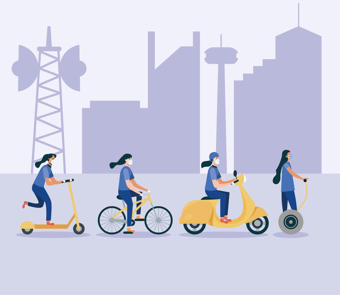 Women with masks on hoverboard scooter bike and motorcycle vector design