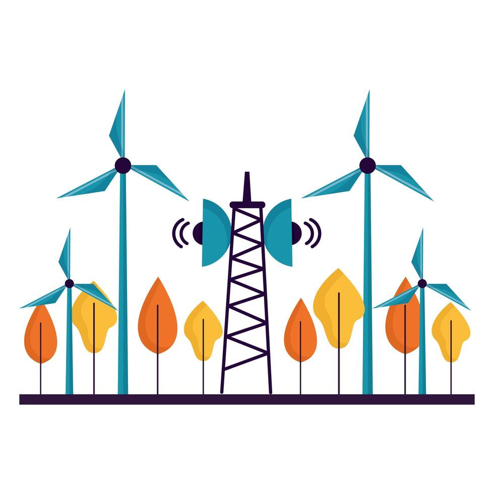 Antena de molinos de viento ecológico y diseño vectorial de árboles vector