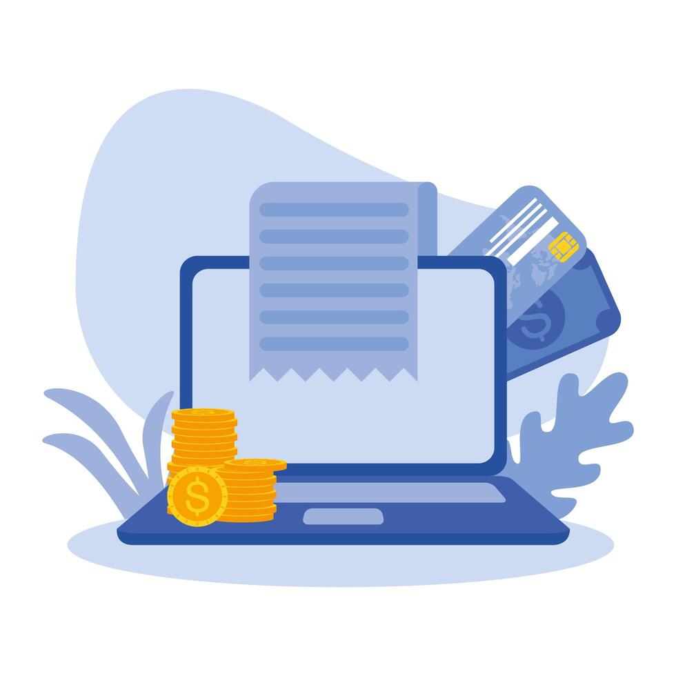 laptop credit card bill receipt paper and coins design vector