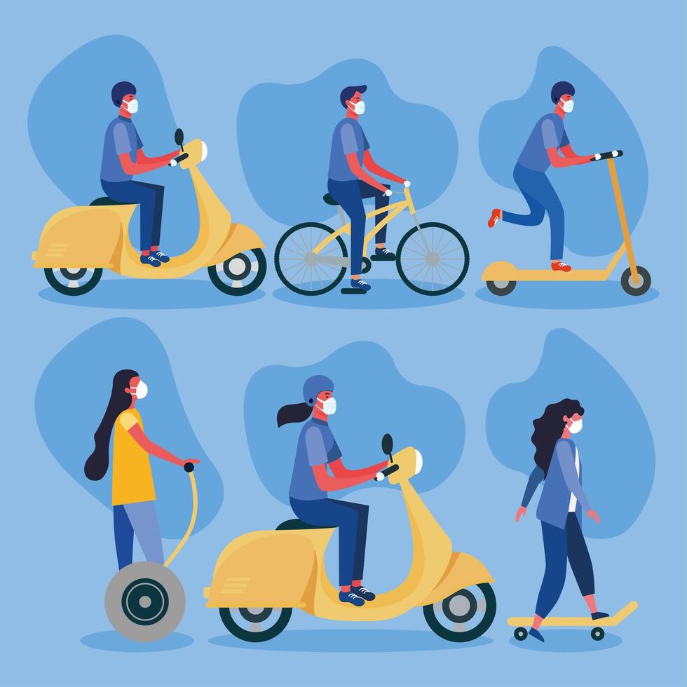 Women and men with masks on hoverboard scooter bike and motorcycle design vector
