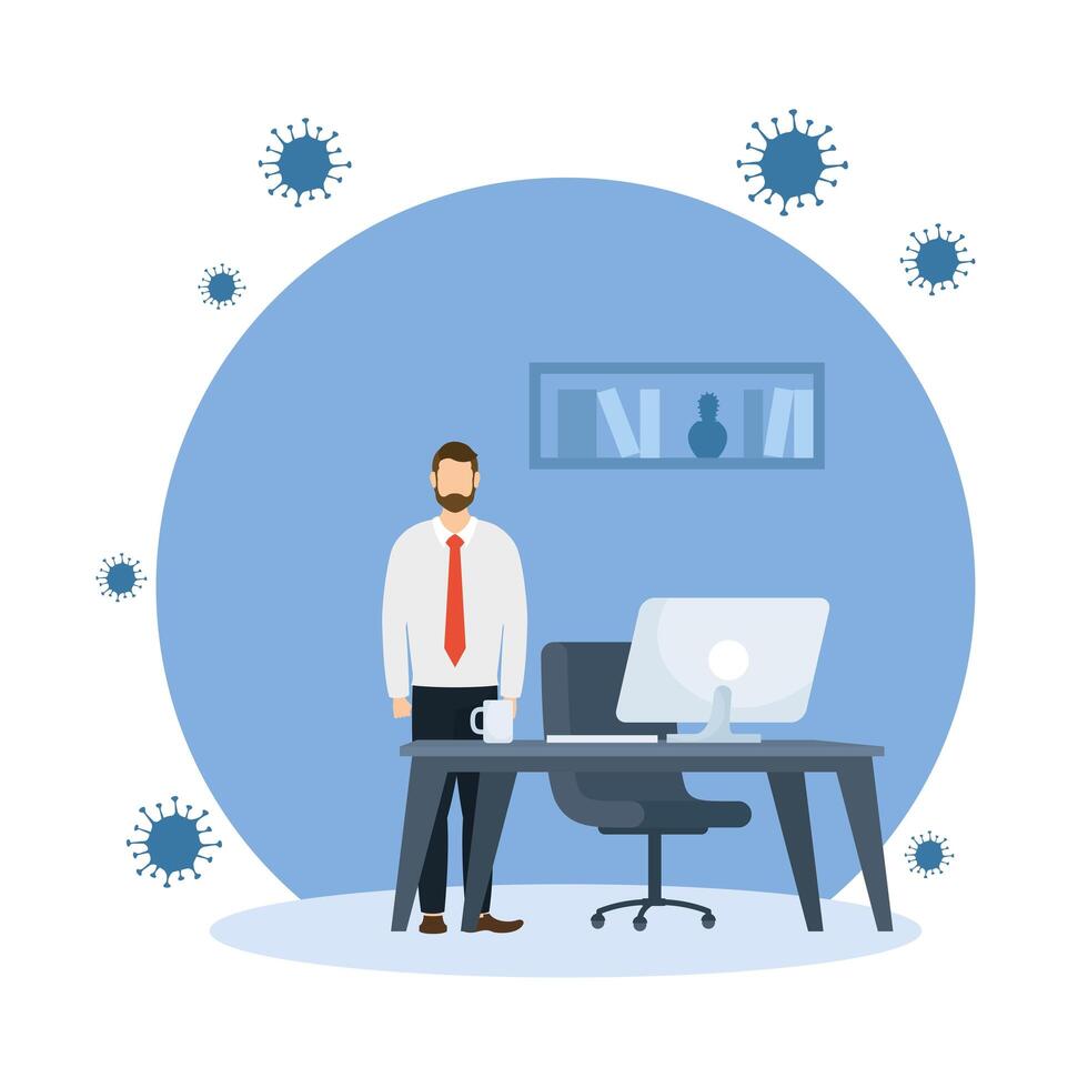 Office distancing of man with desk and computer design vector