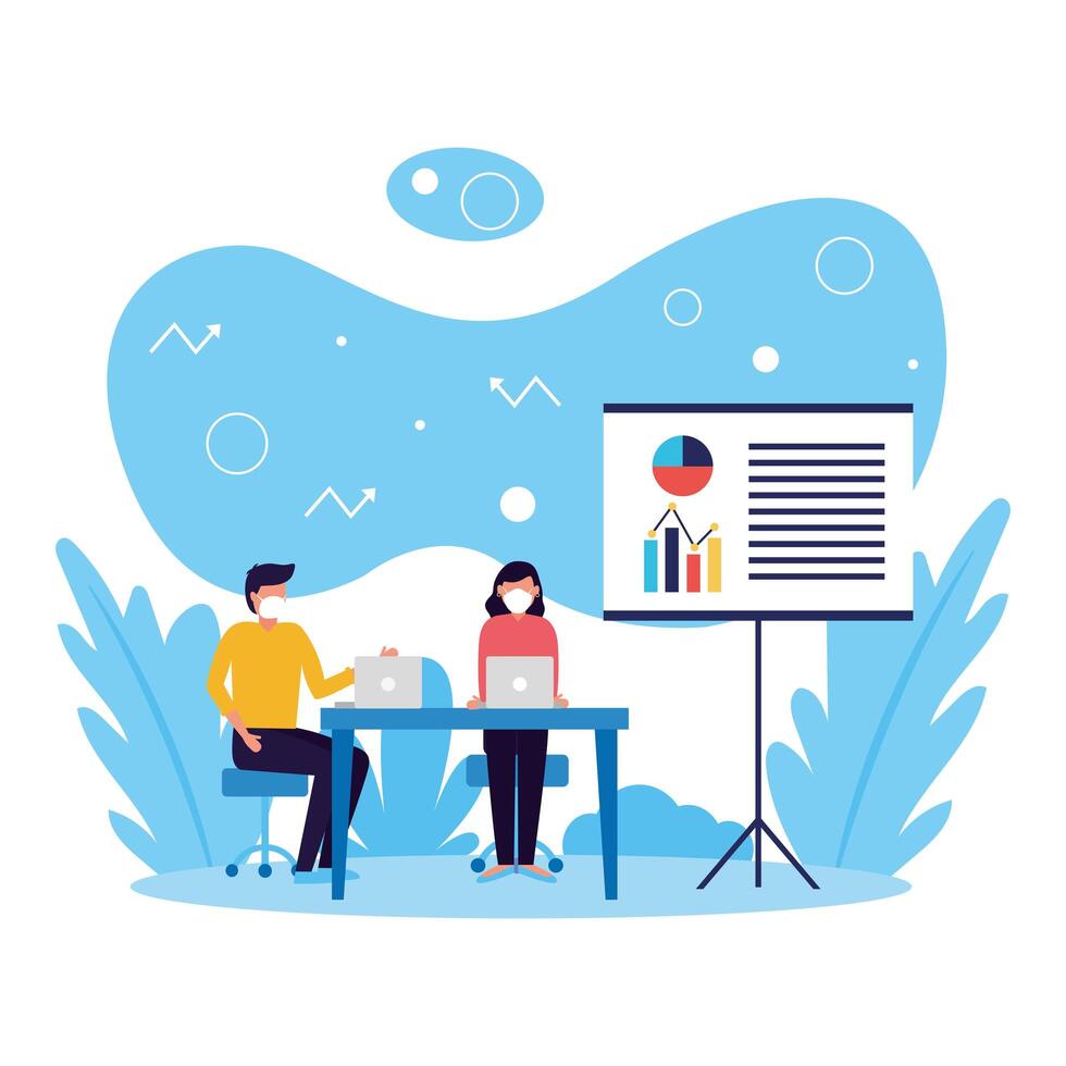 Woman and man with mask on desk and board design vector