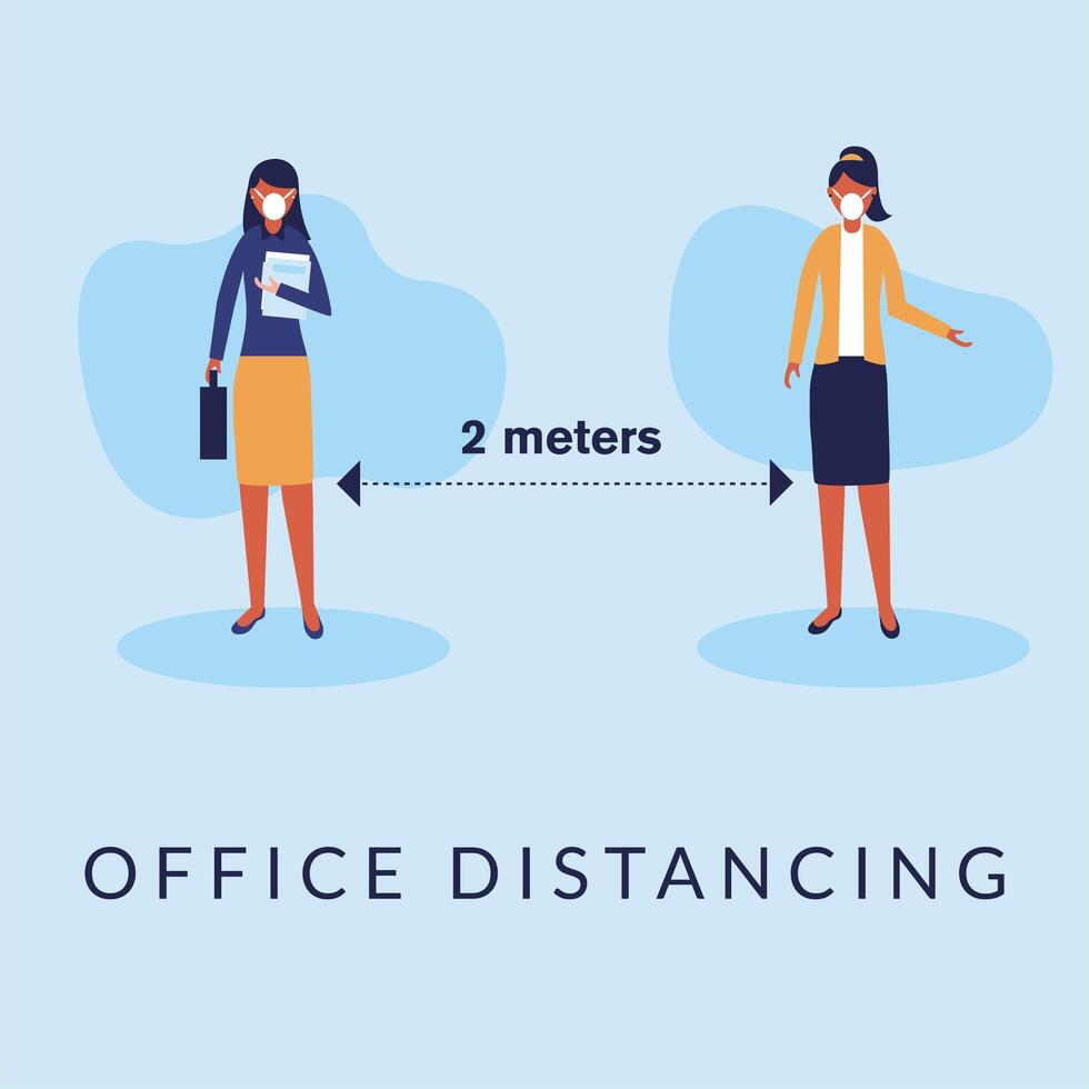 Office distancing between women with masks design vector