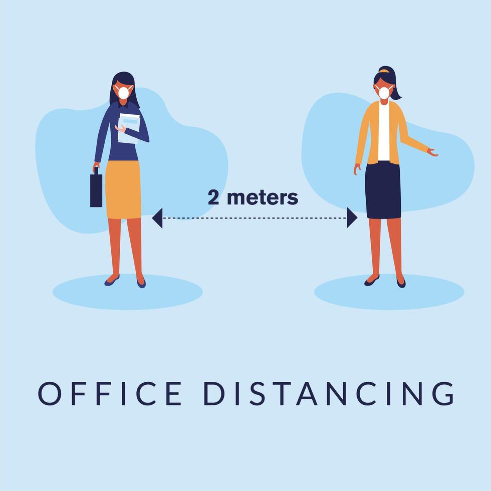 Office distancing between women with masks vector design