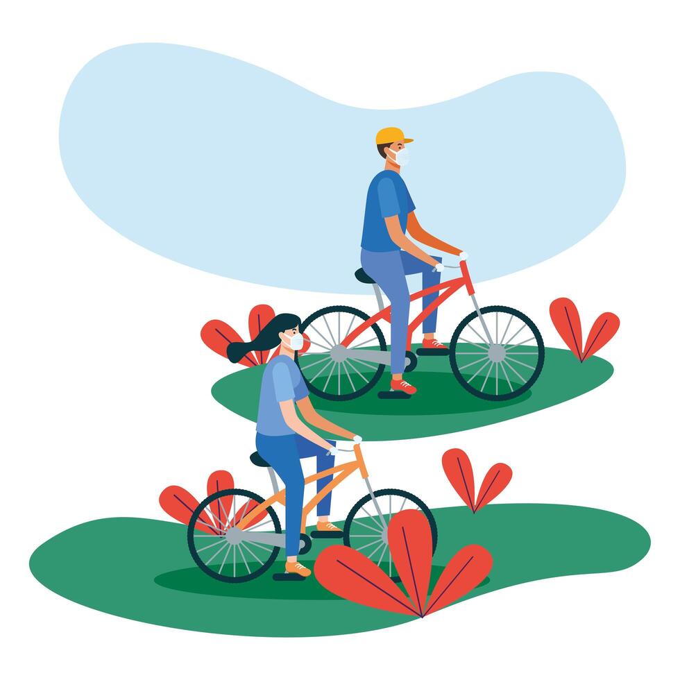 Man and woman with masks on bikes vector