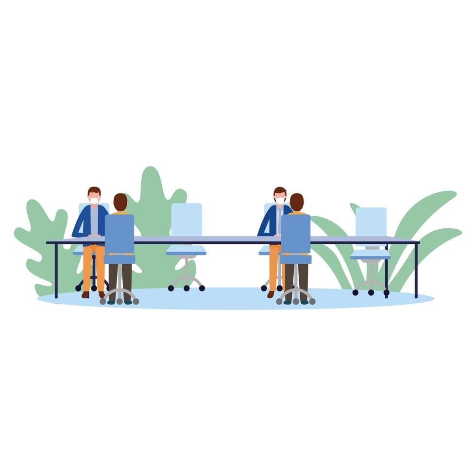 men with masks on table design vector