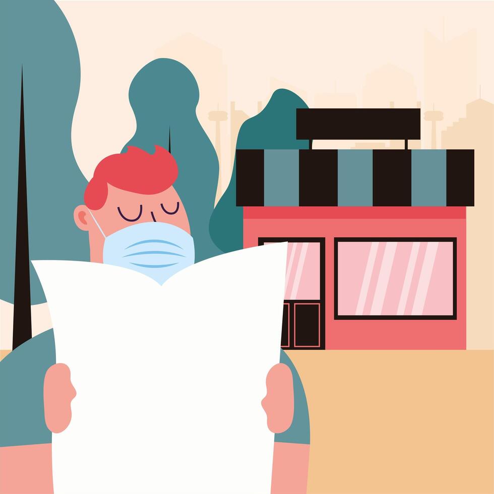 man with mask with newspaper and store design vector