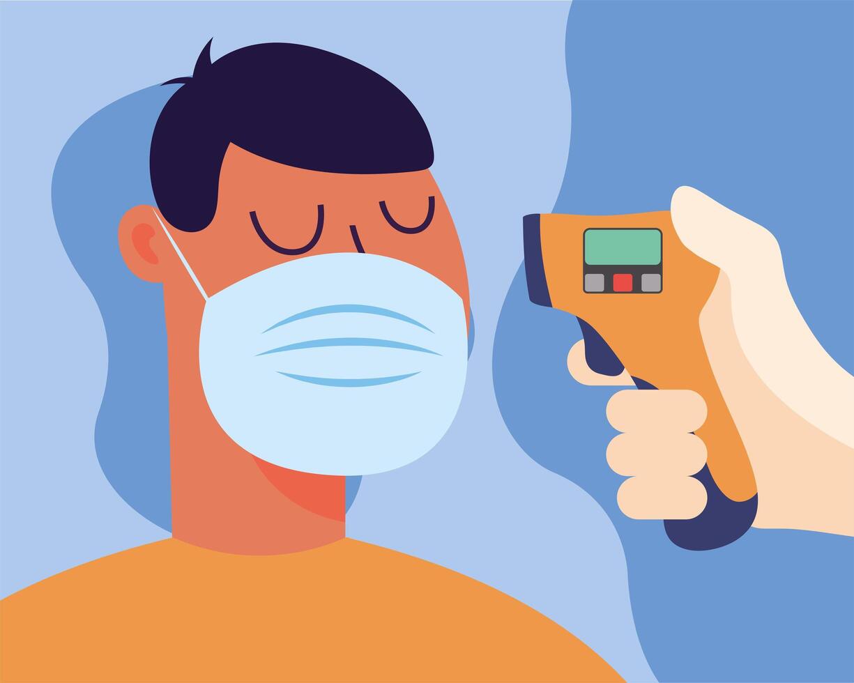 Hand holding thermometer gun checking man temperature design vector