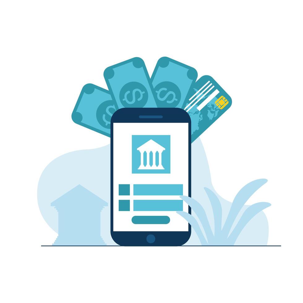 smartphone with bank bills and credit card design vector