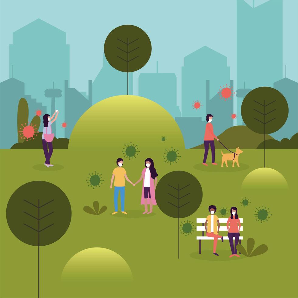 Women and men with masks at park design vector