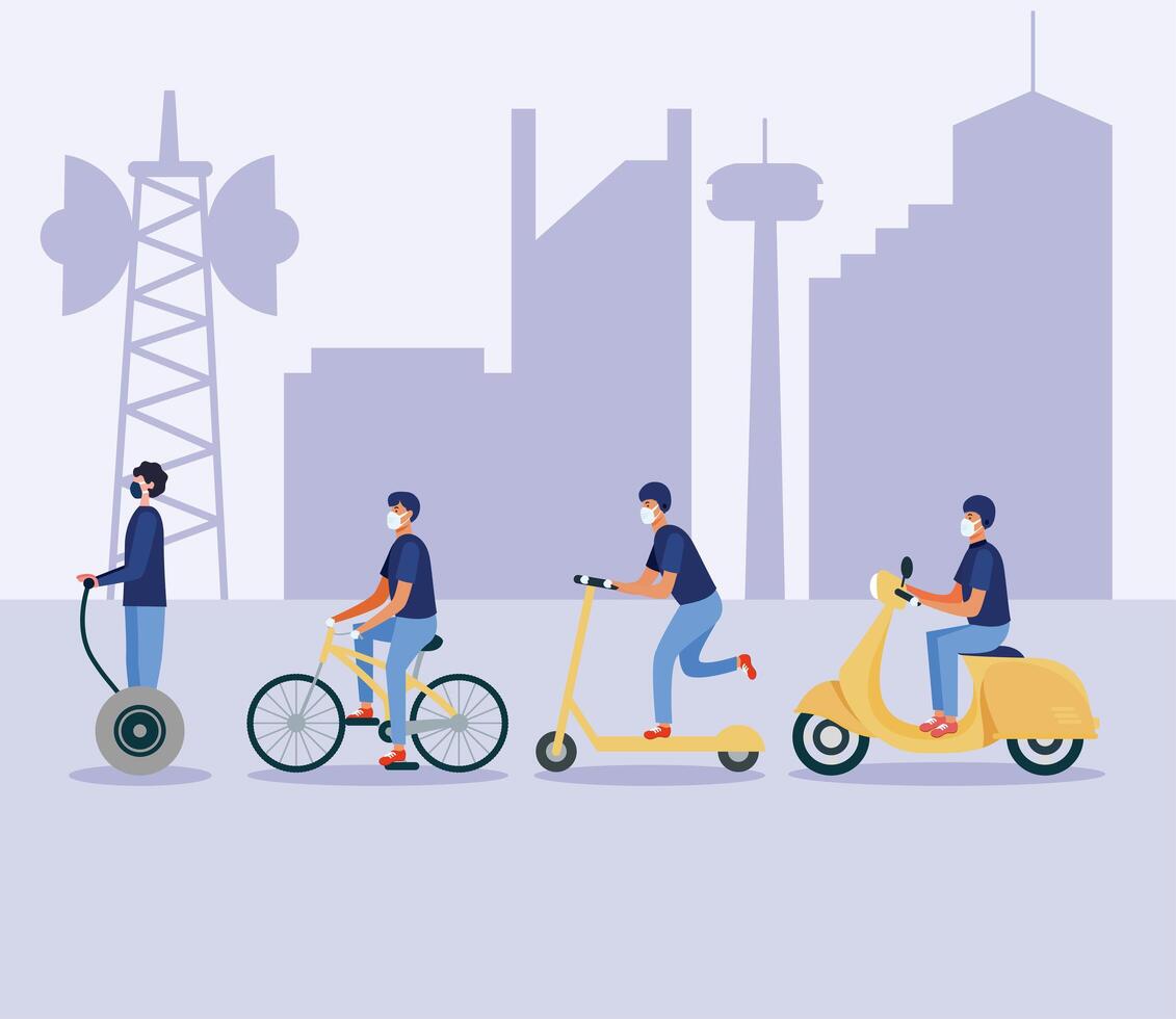 Men with masks on hoverboard scooter bike and motorcycle design vector