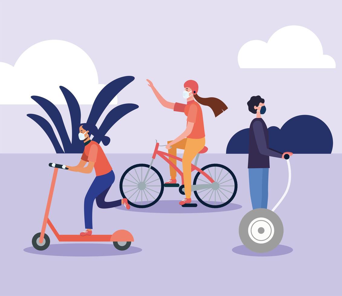 Women and man with masks on hoverboard scooter and bike design vector