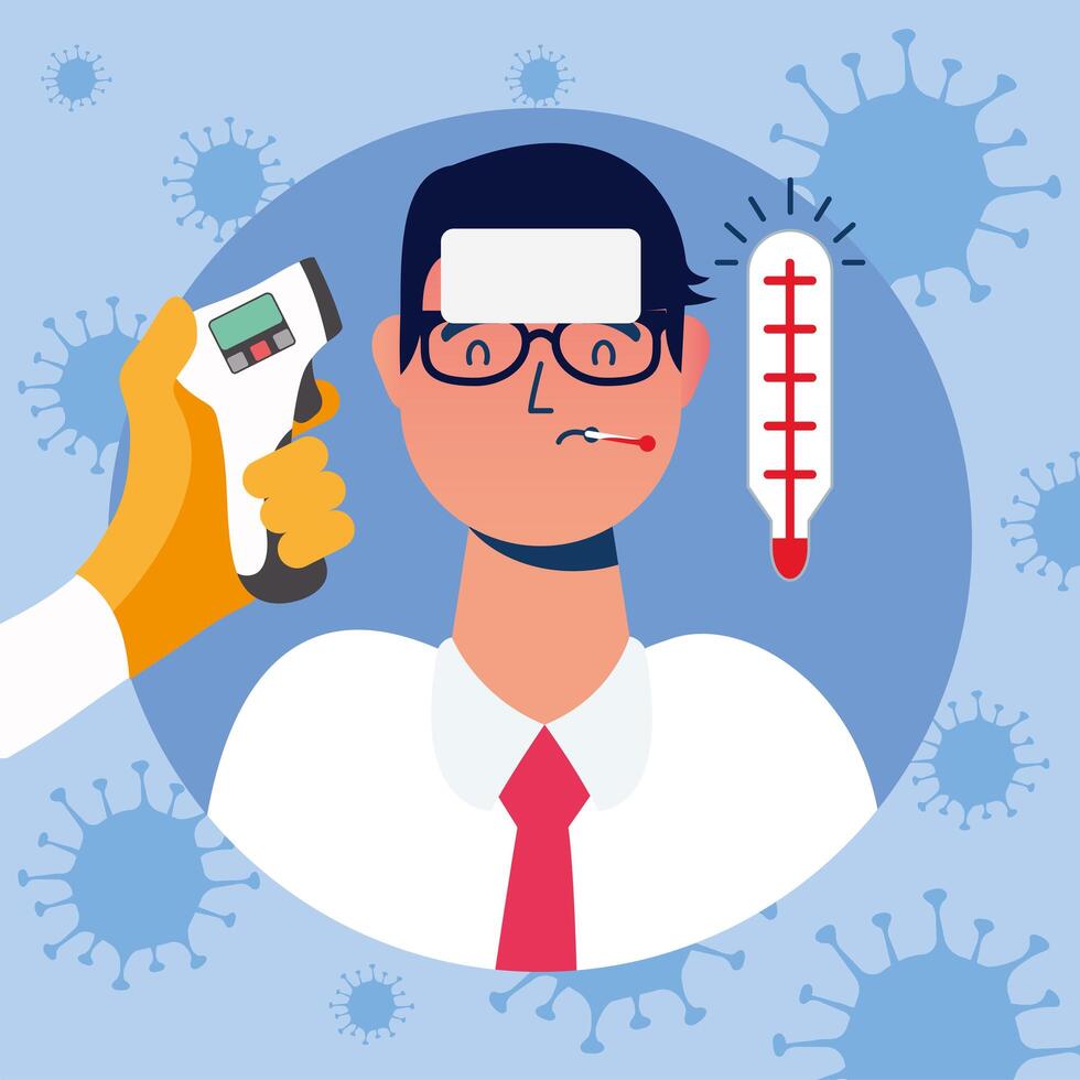 Hand holding thermometer gun checking man temperature design vector