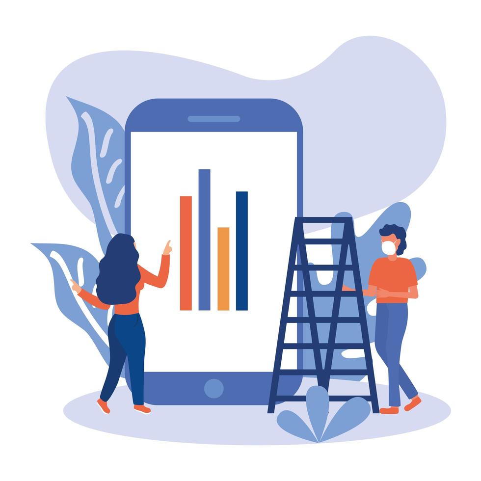 Woman and man with mask, ladder, and infographic on smartphone vector design