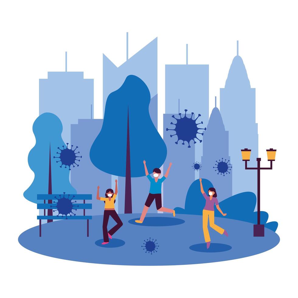 women and man with masks at park design vector