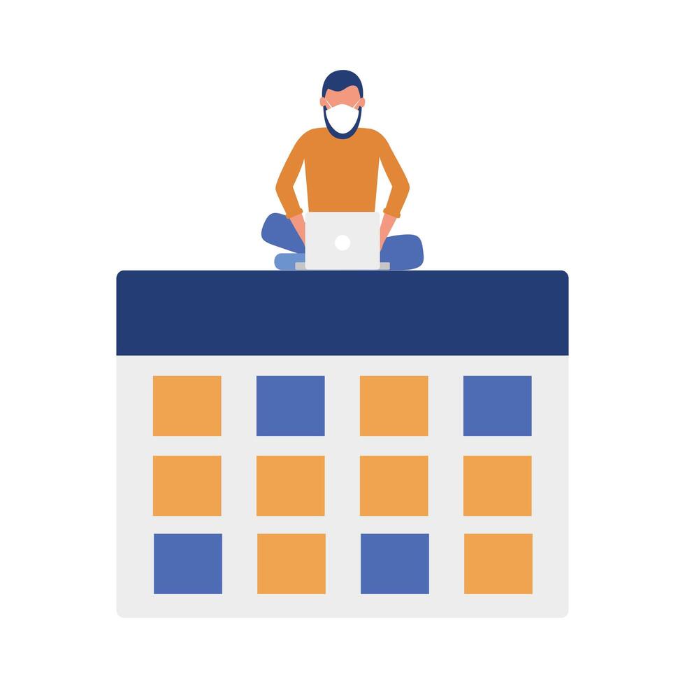 Man with medical mask laptop and calendar design vector
