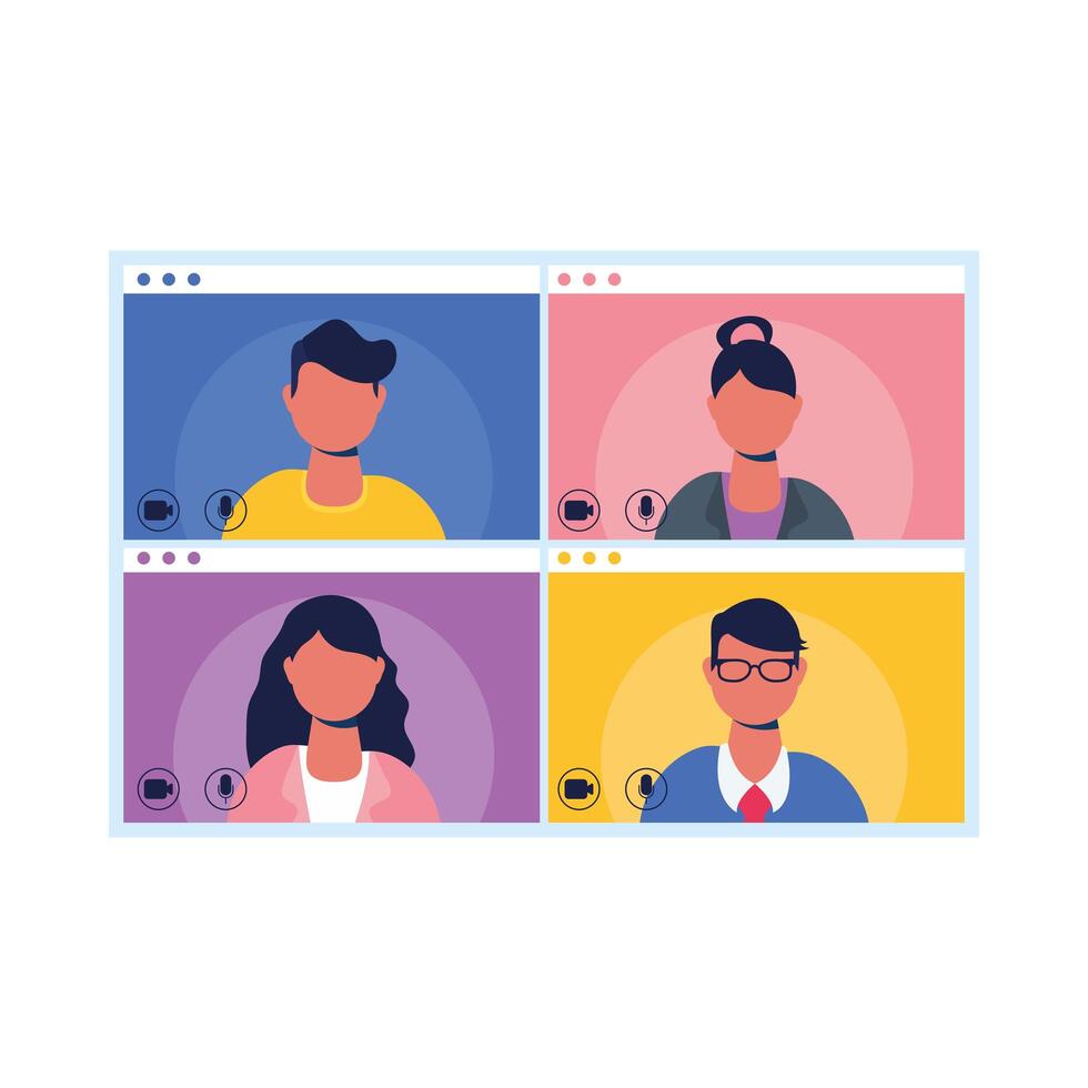 Avatares de personas en la pantalla en el diseño de vectores de chat de video