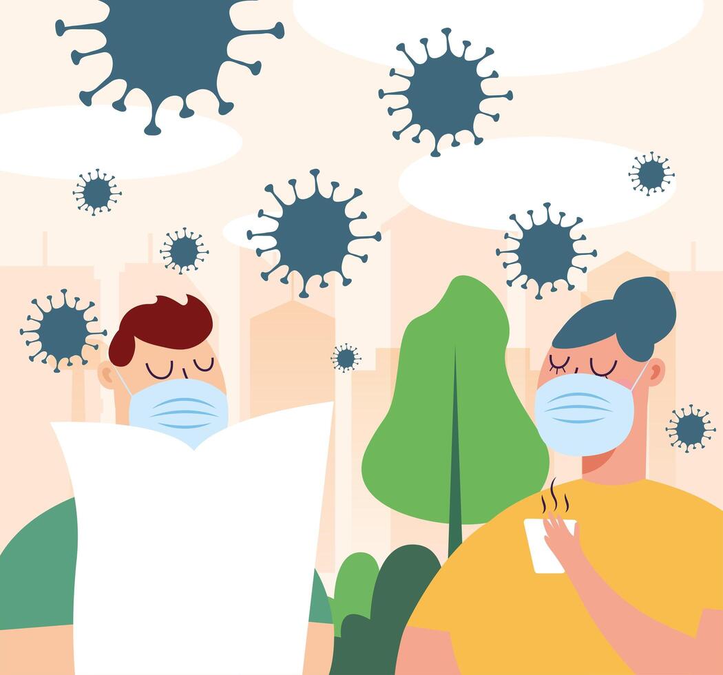 Woman and man with mask at city design vector