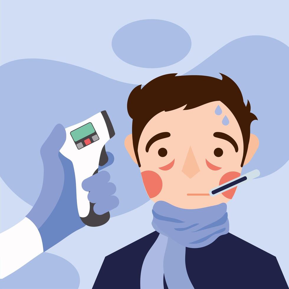 Hand holding thermometer gun checking man temperature design vector