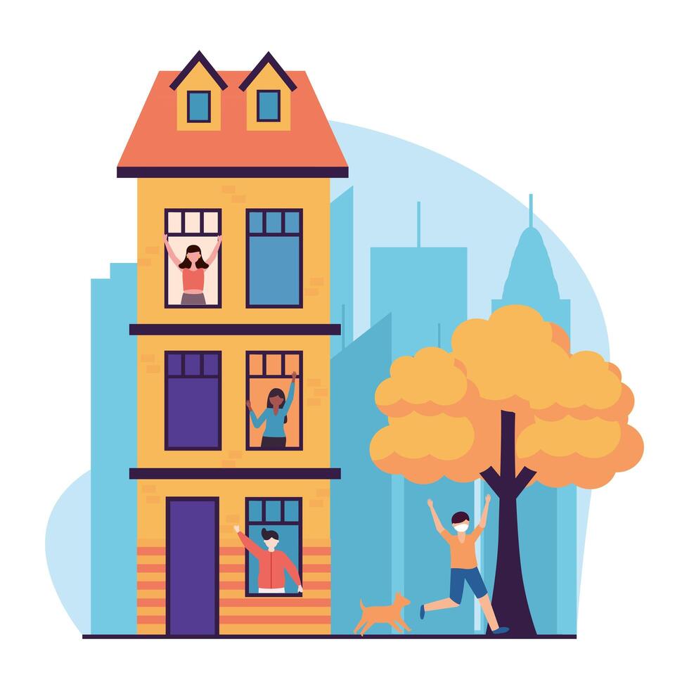 women and men at city building design vector