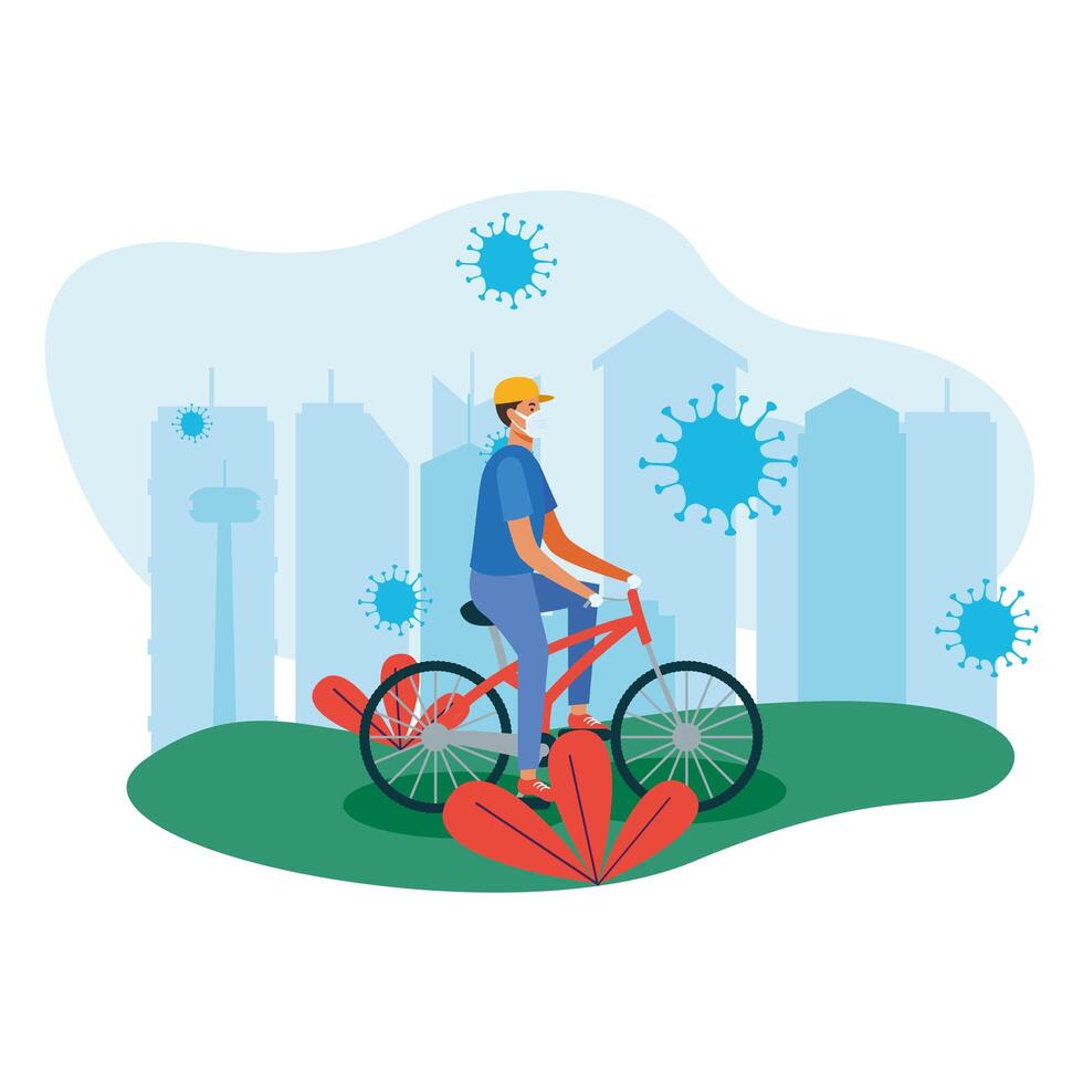 man with mask on bike at city design vector