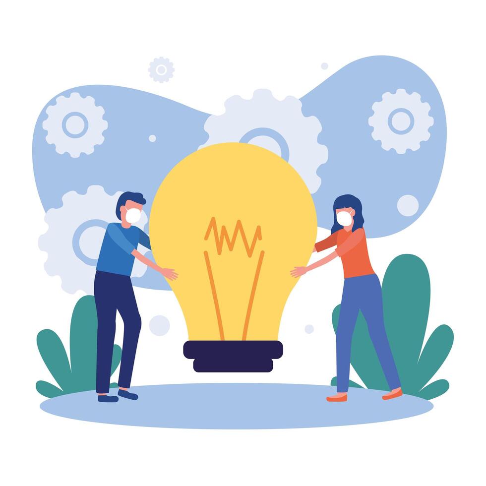 Woman and man with mask and light bulb design vector