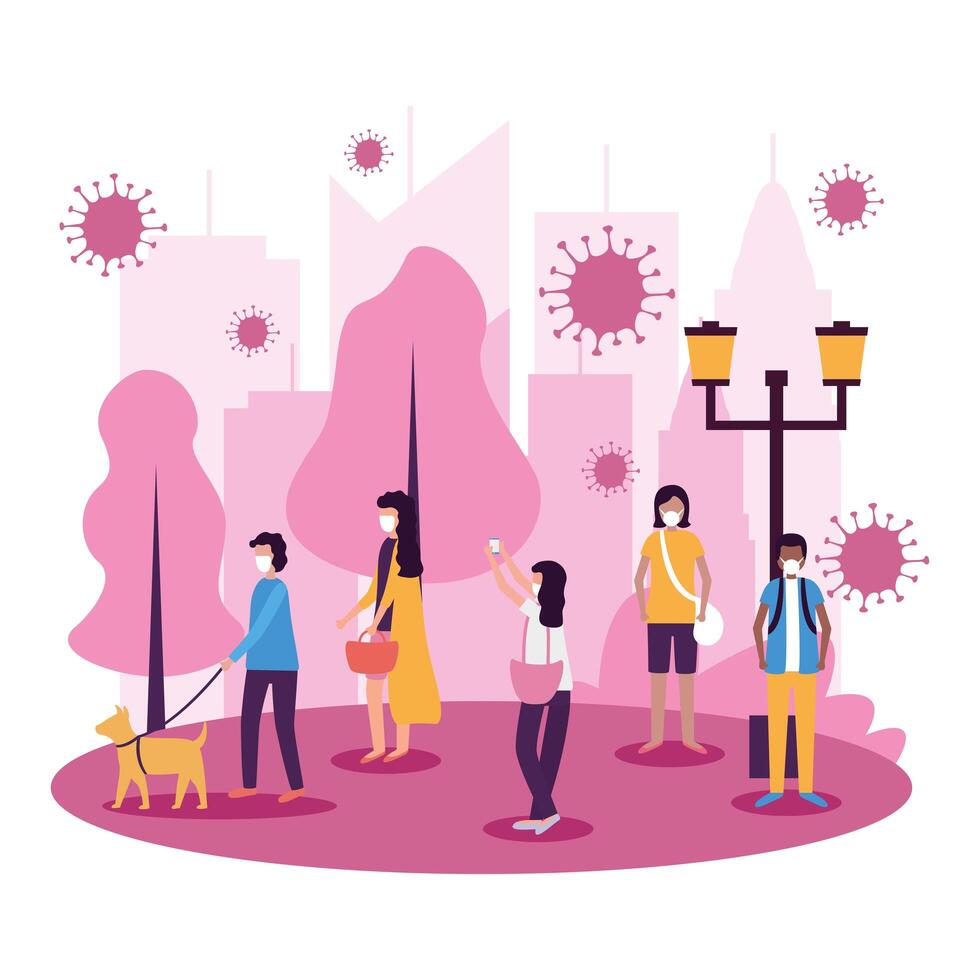 Women and men with masks at park design vector