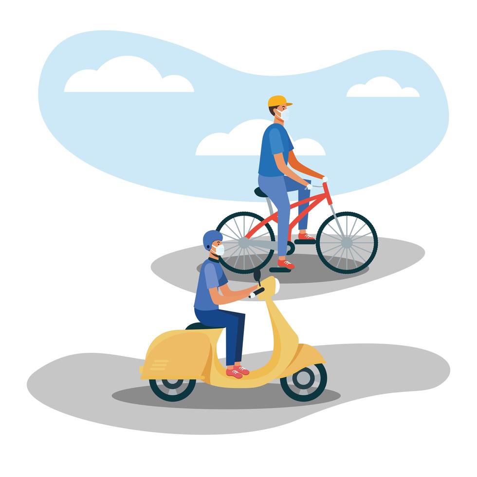 Men with masks on bike and motorcycle vector design