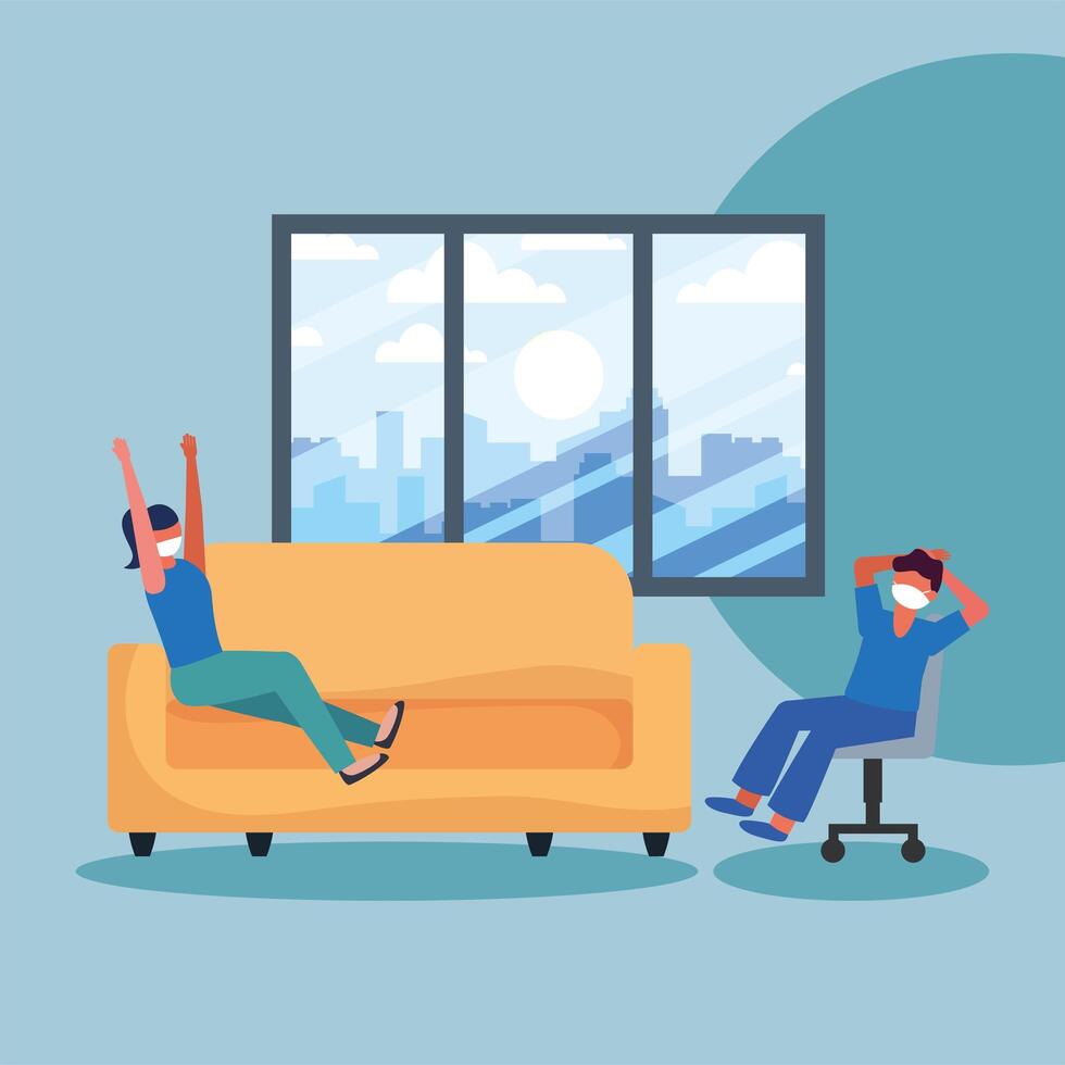 Office distancing between man and woman with mask on couch design vector