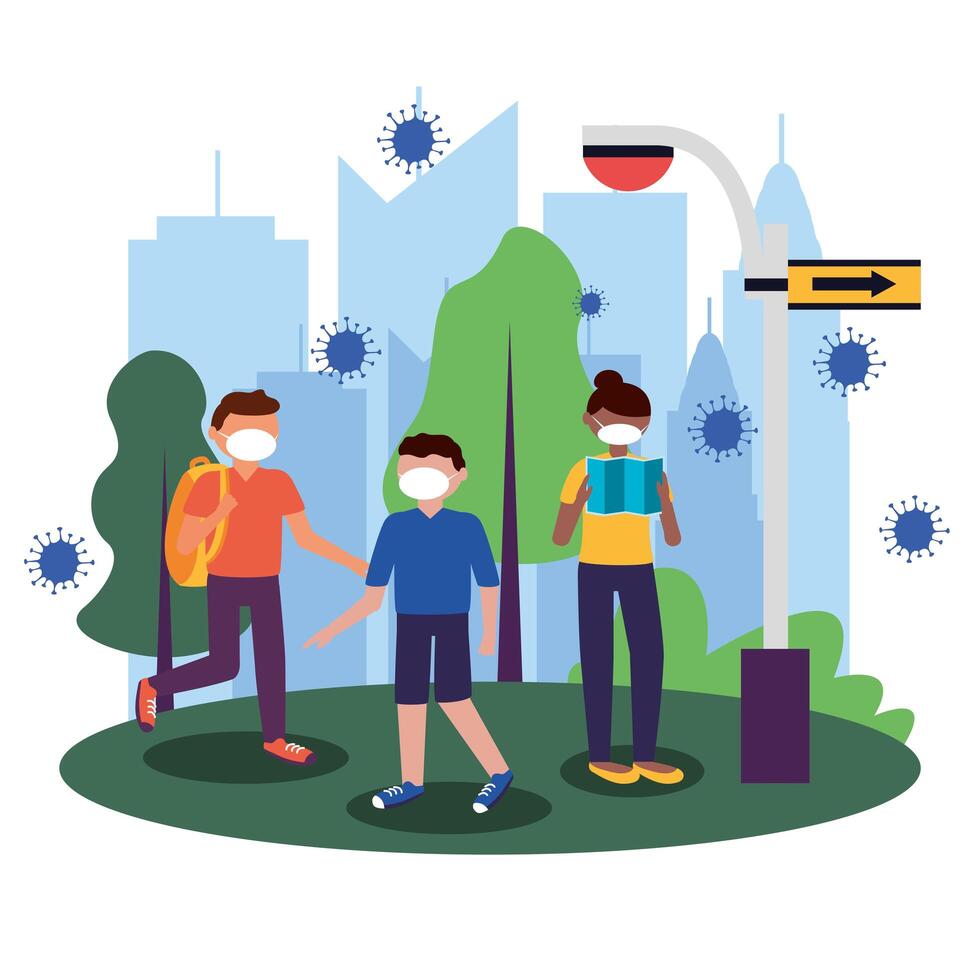 Woman and men with masks at city design vector