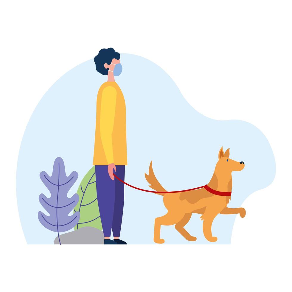 Hombre con máscara médica y perro en el parque de diseño vectorial vector