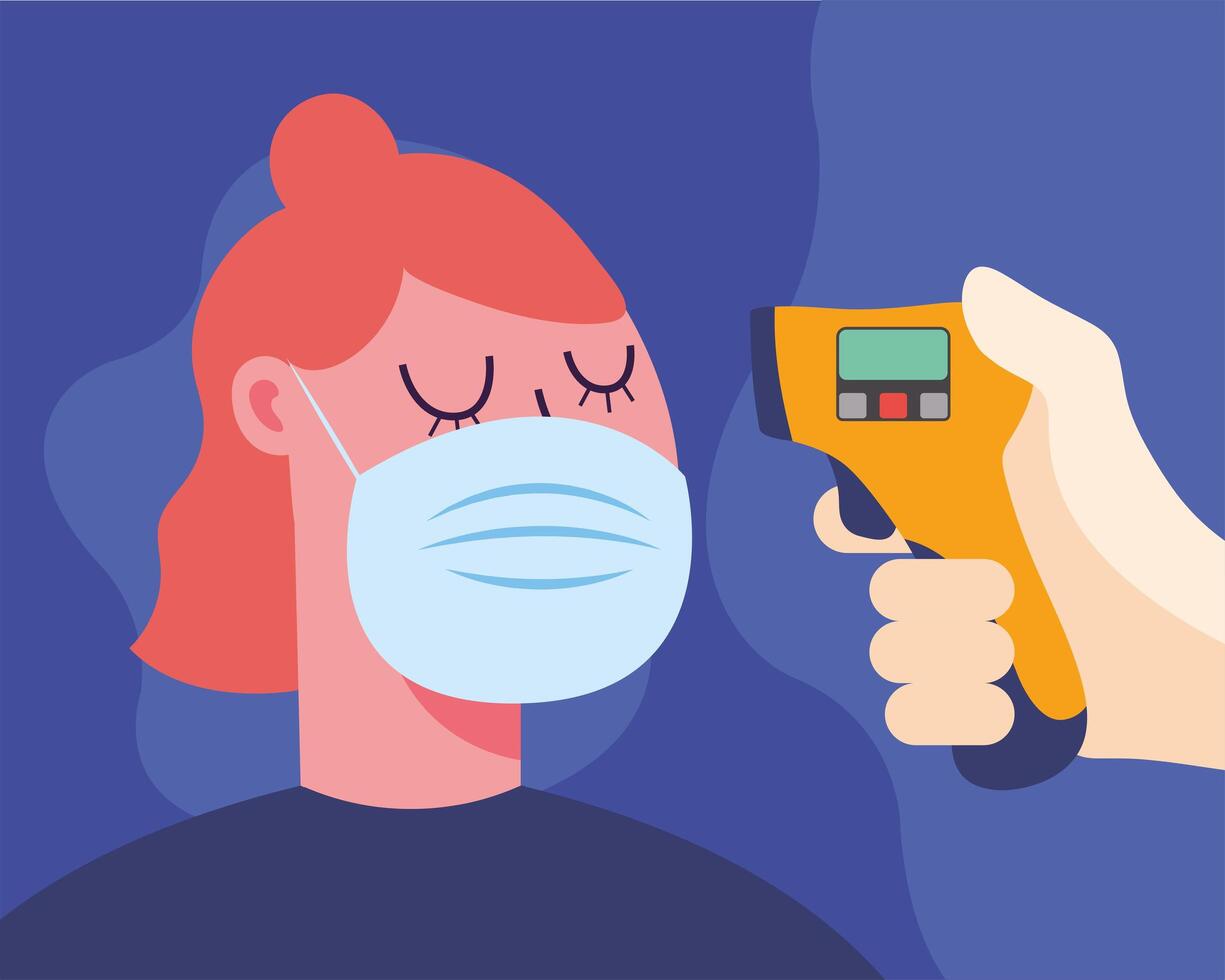 Hand holding thermometer gun checking woman temperature design vector
