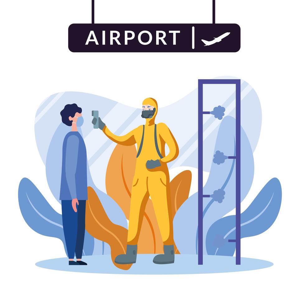 man with protective suit checking man temperature at airport vector design