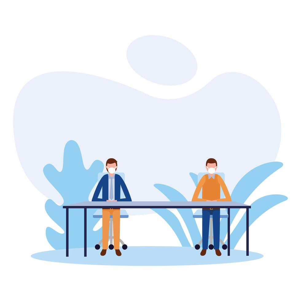 Office distancing between men with masks on table design vector