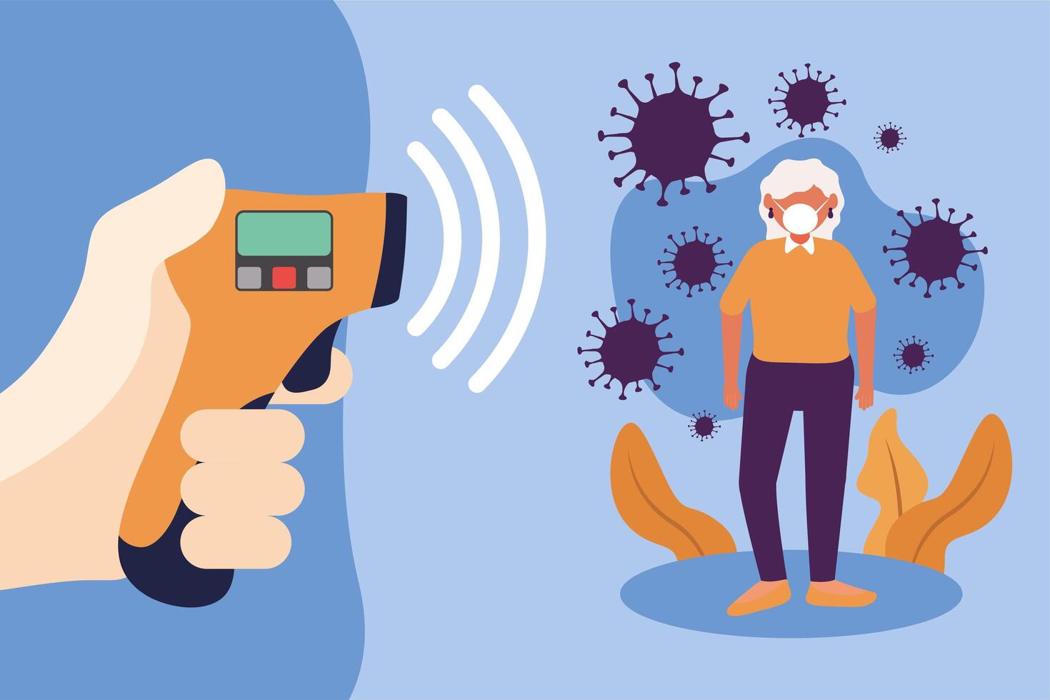 Hand holding thermometer gun checking woman temperature design vector
