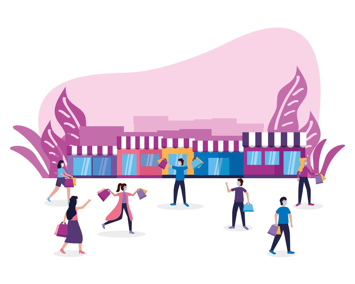 Women and men with masks, bags, and stores design vector