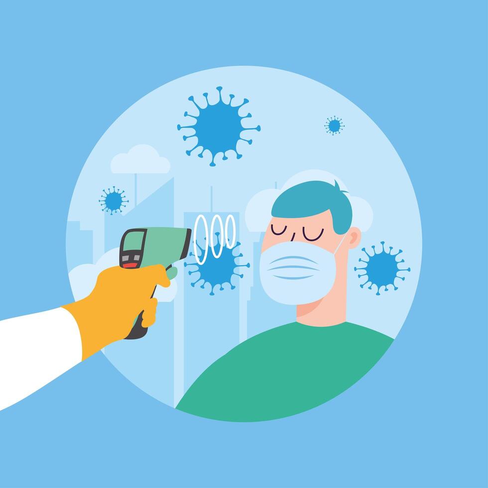 Hand holding thermometer gun checking man temperature design vector