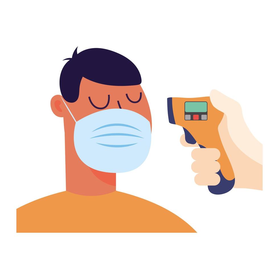 Hand holding thermometer gun checking man temperature design vector