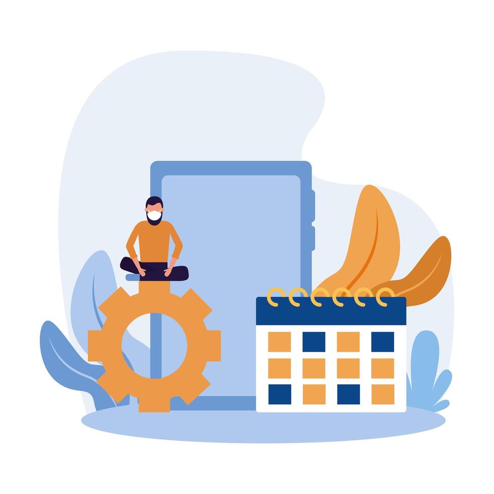man with mask tablet gear and calendar design vector